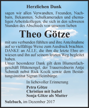 Traueranzeige von Theo Götze von Thüringer Allgemeine, Thüringische Landeszeitung