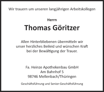 Traueranzeige von Thomas Göritzer von Ostthüringer Zeitung