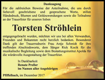 Traueranzeige von Torsten Ströhlein von Thüringer Allgemeine, Thüringische Landeszeitung