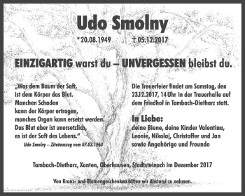 Traueranzeige von Udo Smolny von Ostthüringer Zeitung, Thüringische Landeszeitung