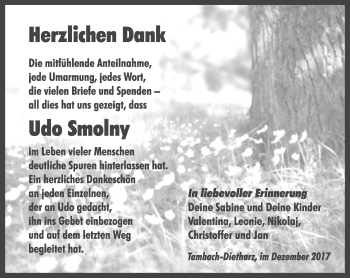 Traueranzeige von Udo Smolny von Ostthüringer Zeitung, Thüringische Landeszeitung