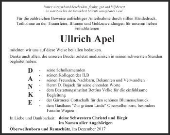 Traueranzeige von Ullrich Apel von Ostthüringer Zeitung