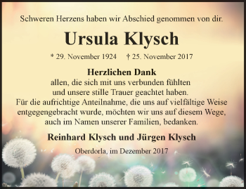 Traueranzeige von Ursula Klysch von Thüringer Allgemeine, Thüringische Landeszeitung