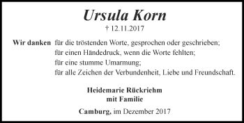 Traueranzeige von Ursula Korn von Ostthüringer Zeitung, Thüringische Landeszeitung