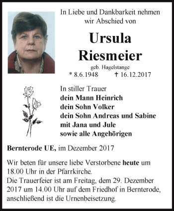 Traueranzeige von Ursula Riesmeier von Thüringer Allgemeine