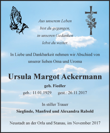 Traueranzeige von Ursula Margot Ackermann von Ostthüringer Zeitung