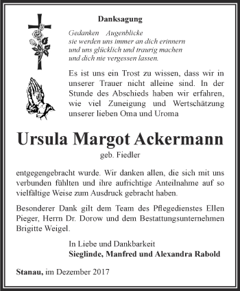 Traueranzeige von Ursula Margot Ackermann von Ostthüringer Zeitung