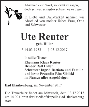 Traueranzeige von Ute Reuter von Ostthüringer Zeitung