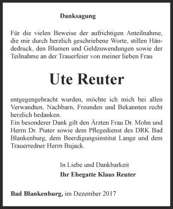 Traueranzeige von Ute Reuter von Ostthüringer Zeitung