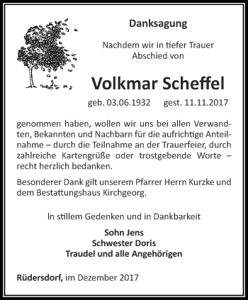 Traueranzeige von Volkmar Scheffel von Ostthüringer Zeitung