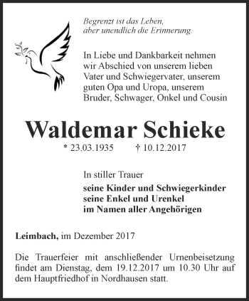 Traueranzeige von Waldemar Schieke von Thüringer Allgemeine