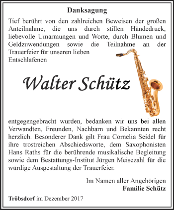 Traueranzeige von Walter Schütz von Thüringer Allgemeine, Thüringische Landeszeitung