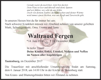 Traueranzeige von Waltraud Fergen von Ostthüringer Zeitung, Thüringische Landeszeitung