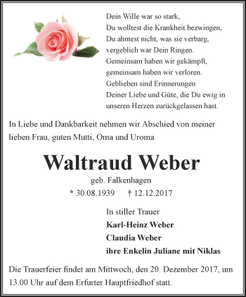 Traueranzeige von Waltraud Weber von Thüringer Allgemeine, Thüringische Landeszeitung