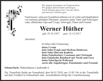 Traueranzeige von Werner Hüther von Ostthüringer Zeitung, Thüringische Landeszeitung