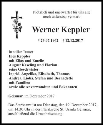 Traueranzeige von Werner Keppler von Thüringer Allgemeine