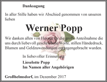 Traueranzeige von Werner Popp von Ostthüringer Zeitung