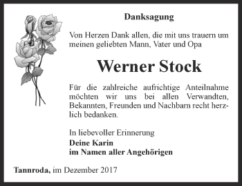 Traueranzeige von Werner Stock von Thüringer Allgemeine, Thüringische Landeszeitung