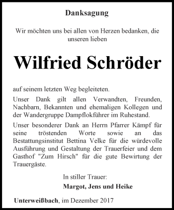 Traueranzeige von Wilfried Schröder von Ostthüringer Zeitung