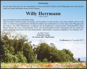 Traueranzeige von Willy Herrmann von Thüringer Allgemeine