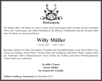 Traueranzeige von Willy Müller von Thüringer Allgemeine
