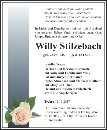 Traueranzeige von Willy Stilzebach von Thüringer Allgemeine