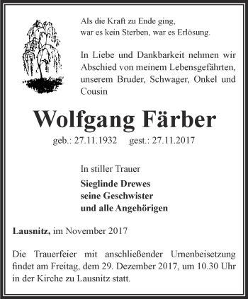 Traueranzeige von Wolfgang Färber von Ostthüringer Zeitung