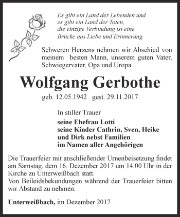 Traueranzeige von Wolfgang Gerbothe von Ostthüringer Zeitung