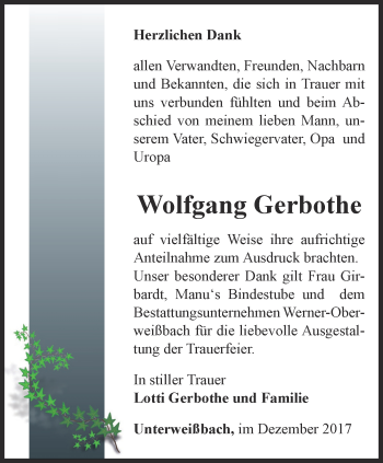 Traueranzeige von Wolfgang Gerbothe von Ostthüringer Zeitung