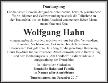 Traueranzeige von Wolfgang Hahn von Thüringer Allgemeine