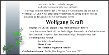 Traueranzeige von Wolfgang Kraft von Thüringer Allgemeine, Thüringische Landeszeitung