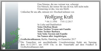 Traueranzeige von Wolfgang Kraft von Thüringer Allgemeine, Thüringische Landeszeitung