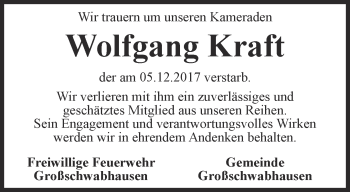 Traueranzeige von Wolfgang Kraft von Thüringer Allgemeine, Thüringische Landeszeitung