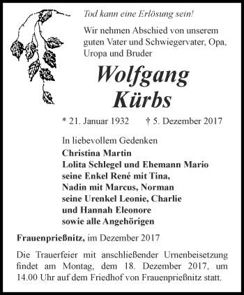 Traueranzeige von Wolfgang Kürbs von Ostthüringer Zeitung, Thüringische Landeszeitung