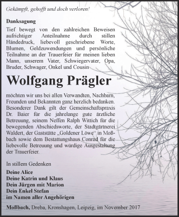 Traueranzeige von Wolfgang Prägler von Ostthüringer Zeitung