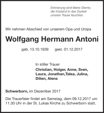 Traueranzeige von Wolfgang Hermann Antoni von Thüringer Allgemeine, Thüringische Landeszeitung