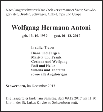 Traueranzeige von Wolfgang Hermann Antoni von Thüringer Allgemeine, Thüringische Landeszeitung