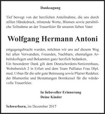 Traueranzeige von Wolfgang Hermann Antoni von Thüringer Allgemeine, Thüringische Landeszeitung