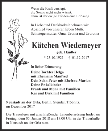 Traueranzeige von Kätchen Wiedemeyer