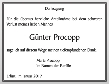 Traueranzeige von Günter Procopp von Thüringer Allgemeine, Thüringische Landeszeitung