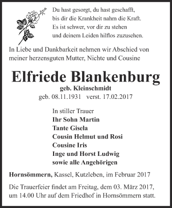 Traueranzeige von Elfriede Blankenburg von Thüringer Allgemeine, Thüringische Landeszeitung