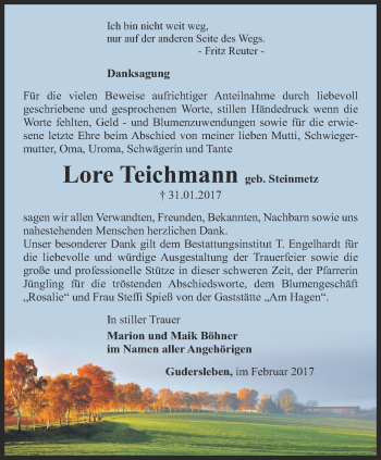 Traueranzeige von Lore Teichmann von Thüringer Allgemeine