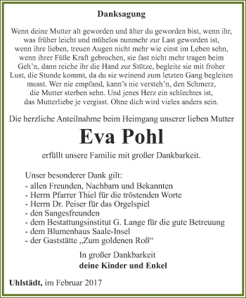 Traueranzeige von Eva Pohl von Ostthüringer Zeitung