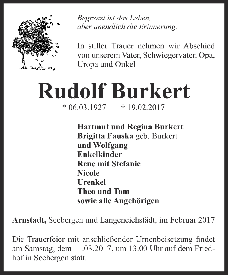  Traueranzeige für Rudolf Burkert vom 28.02.2017 aus Thüringer Allgemeine