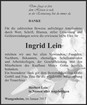 Traueranzeige von Ingrid Lein von Ostthüringer Zeitung, Thüringische Landeszeitung