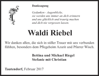 Traueranzeige von Waldi Riebel von Ostthüringer Zeitung