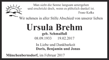 Traueranzeige von Ursula Brehm von Ostthüringer Zeitung