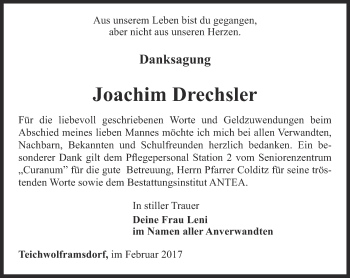Traueranzeige von Joachim Drechsler von Ostthüringer Zeitung