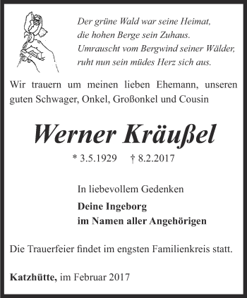 Traueranzeige von Werner Kräußel von Ostthüringer Zeitung