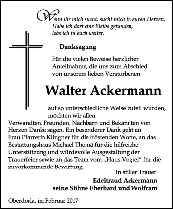 Traueranzeige von Walter Ackermann von Thüringer Allgemeine, Thüringische Landeszeitung